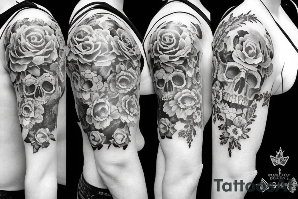 Sleeve skulls flowers tattoo idea