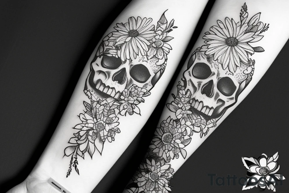 Sleeve skulls flowers tattoo idea