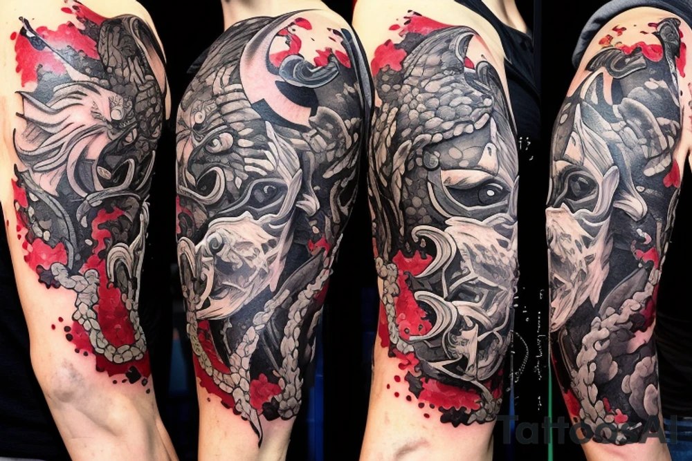 Tattoo on right arm and chest. On the chest angry wolf head with glocing eays and moon, mountigns and birds above. On sleeve beatiful warriors fighting monsters. As a background DNA helix with neurons, planets and clouds. tattoo idea