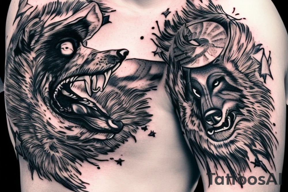 Tattoo on right arm and chest. On the chest angry wolf head with glocing eays and moon, mountigns and birds above. On sleeve beatiful warriors fighting monsters. As a background DNA helix with neurons, planets and clouds. tattoo idea