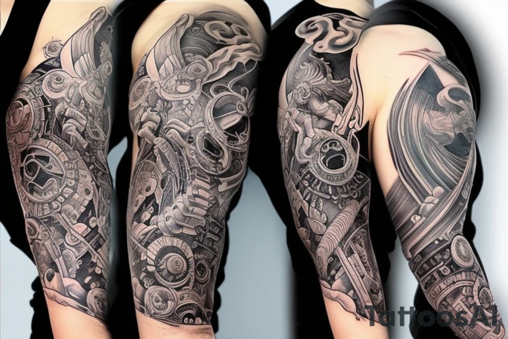Sleeve tattoo. beatiful warriors fighting monsters. As a background DNA helix with neurons, planets and clouds. tattoo idea