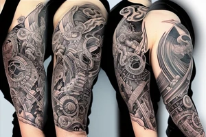 Sleeve tattoo. beatiful warriors fighting monsters. As a background DNA helix with neurons, planets and clouds. tattoo idea