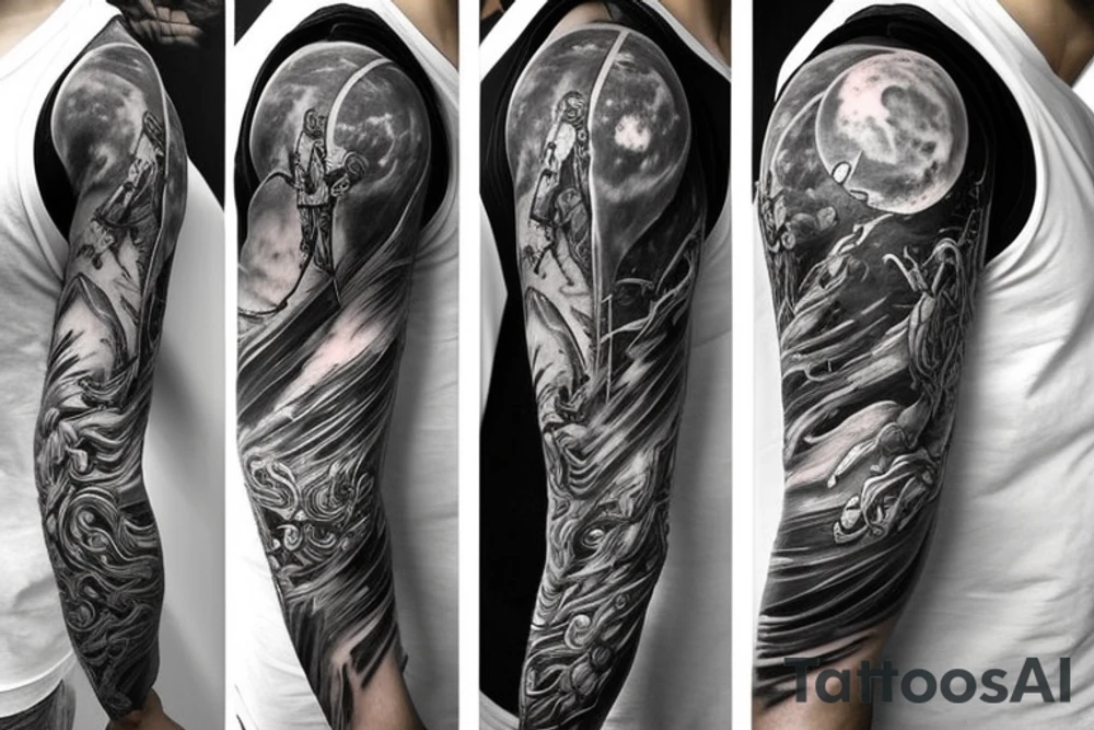 Sleeve tattoo. beatiful warriors fighting monsters. As a background DNA helix with neurons, planets and clouds. tattoo idea