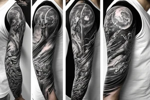Sleeve tattoo. beatiful warriors fighting monsters. As a background DNA helix with neurons, planets and clouds. tattoo idea