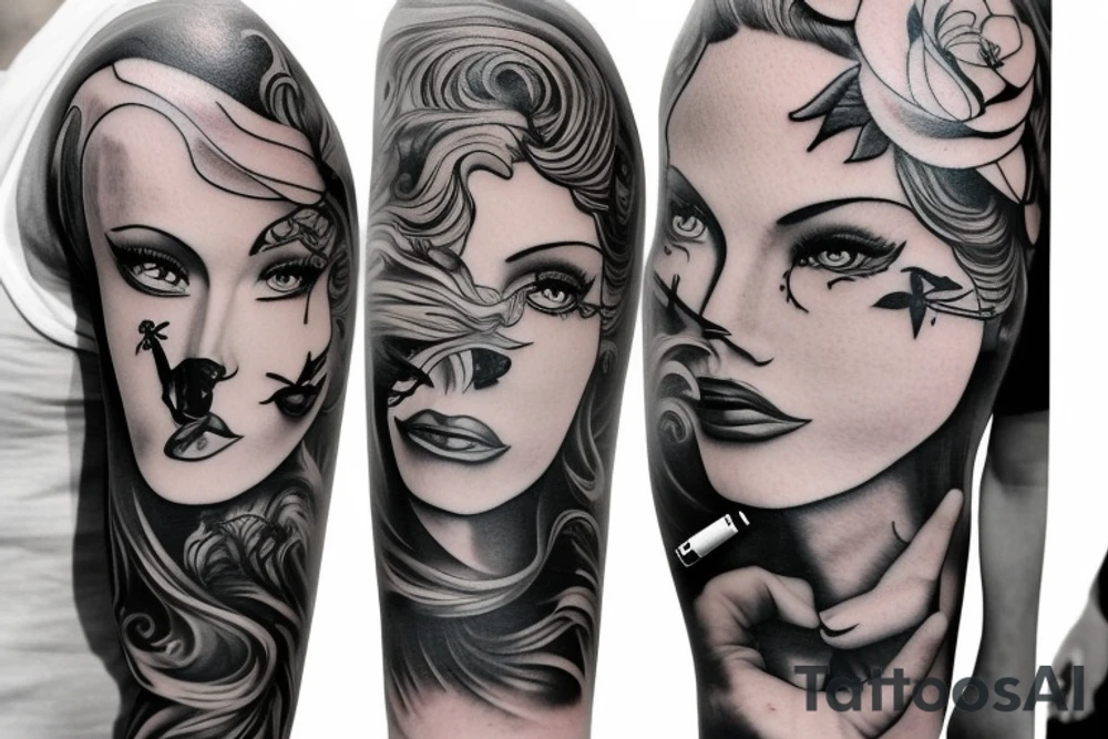 Sleeve tattoo.  Devil lady with cigarette tattoo idea