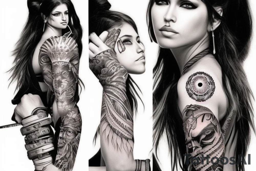 Sleeve tattoo. Beatiful native american girls warrior face tattoo idea