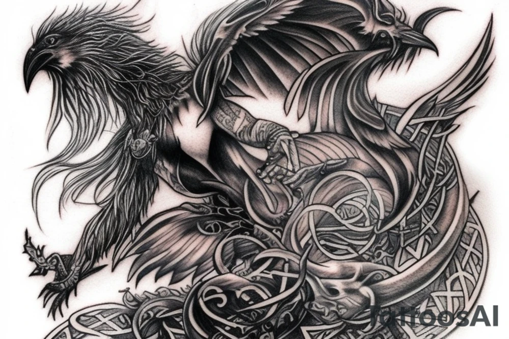 Sleeve tattoo. Odyn, Fenrir, Valkyria, Runes, crows tattoo idea