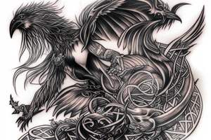 Sleeve tattoo. Odyn, Fenrir, Valkyria, Runes, crows tattoo idea