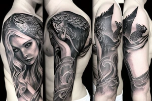 Sleeve tattoo. Odyn, Fenrir, Valkyria, Runes, crows tattoo idea