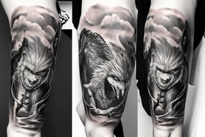 Sleeve tattoo. Odin fighting Fenrir,  above Valkyria, in background Runes on the yggdrasill tree, crows roaming above. tattoo idea