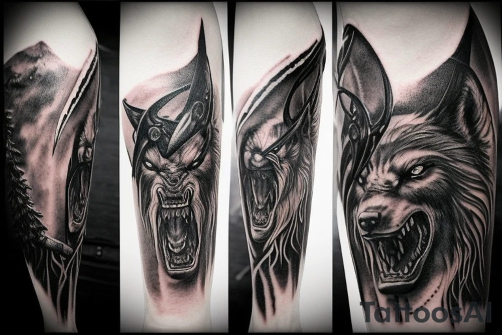 Sleeve tattoo. Odin lkilling Fenrir with spear. Above them Valkyria is fying towards Valhalla. As a background glowing runes written on the Yggdrasill tree. Crows are roaming above the whole picture.. tattoo idea