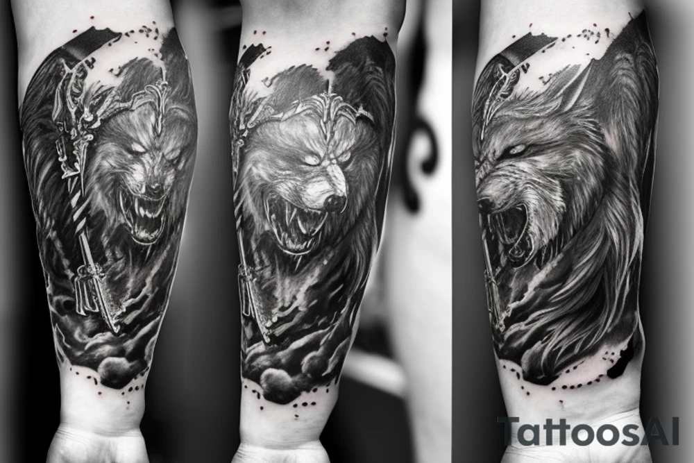 Sleeve tattoo. Odin lkilling Fenrir with spear. Above them Valkyria is fying towards Valhalla. As a background glowing runes written on the Yggdrasill tree. Crows are roaming above the whole picture.. tattoo idea