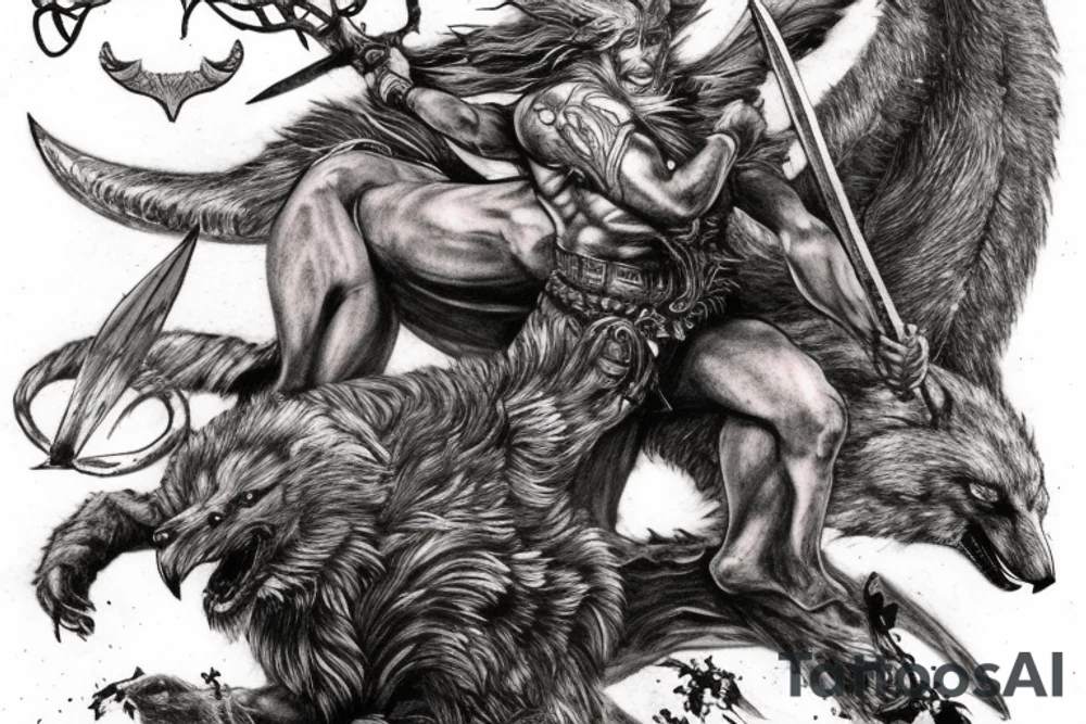 Sleeve tattoo. Odin killing Fenrir with spear. Above them Valkyria is fying towards Valhalla. As a background glowing runes written on the Yggdrasill tree. Crows are roaming above the whole picture. tattoo idea