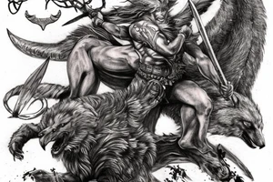 Sleeve tattoo. Odin killing Fenrir with spear. Above them Valkyria is fying towards Valhalla. As a background glowing runes written on the Yggdrasill tree. Crows are roaming above the whole picture. tattoo idea