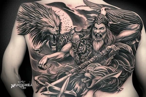 Sleeve tattoo. Odin killing Fenrir with spear. Above them Valkyria is fying towards Valhalla. As a background glowing runes written on the Yggdrasill tree. Crows are roaming above the whole picture. tattoo idea