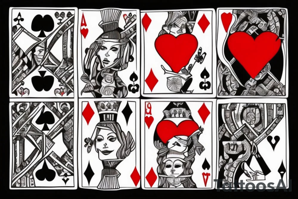 King of clubs coming out of the card with the queen of hearts and the queen of hearts coming out of the card and  handing up a Diamond and a heart to the king of clubs I mentioned earlier. tattoo idea