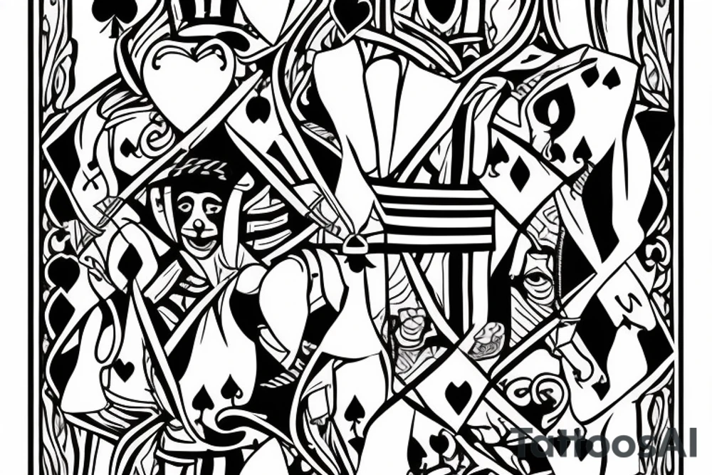 King of clubs coming out of the card with the queen of hearts and the queen of hearts coming out of the card and  handing up a Diamond and a heart to the king of clubs I mentioned earlier. tattoo idea