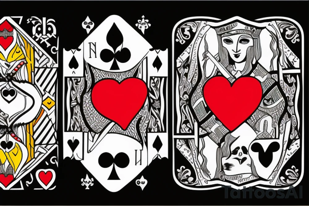 King of clubs coming out of the card with the queen of hearts and the queen of hearts coming out of the card and  handing up a Diamond and a heart to the king of clubs I mentioned earlier. tattoo idea