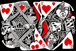 King of clubs coming out of the card with the queen of hearts and the queen of hearts coming out of the card and  handing up a Diamond and a heart to the king of clubs I mentioned earlier. tattoo idea