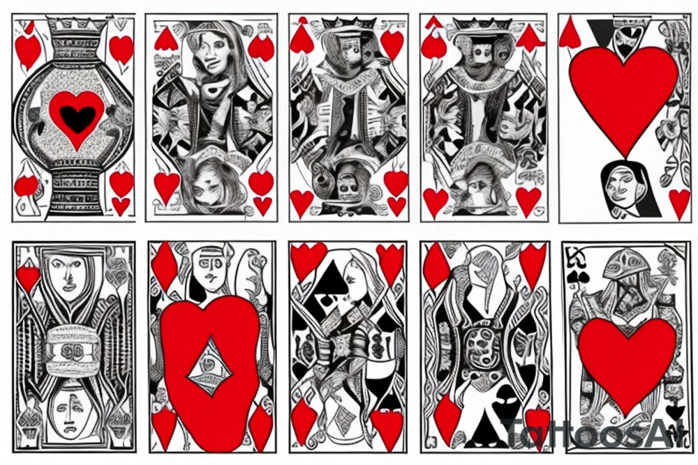 King of clubs coming out of the card with the queen of hearts and the queen of hearts coming out of the card and  handing up a Diamond and a heart to the king of clubs I mentioned earlier. tattoo idea