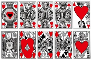 King of clubs coming out of the card with the queen of hearts and the queen of hearts coming out of the card and  handing up a Diamond and a heart to the king of clubs I mentioned earlier. tattoo idea