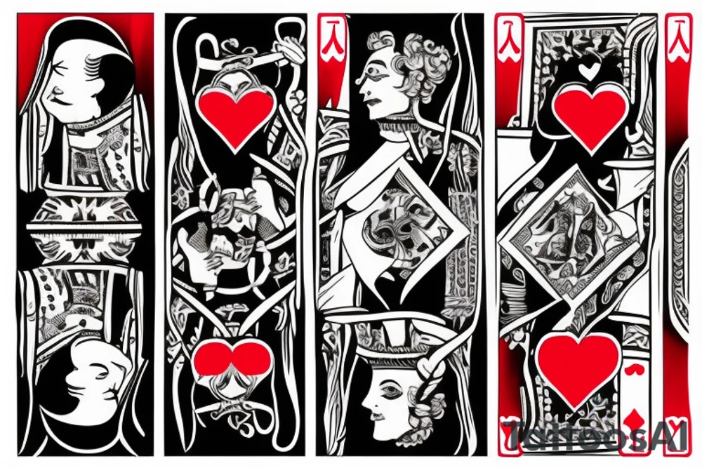 King of clubs coming out of the card with the queen of hearts and the queen of hearts coming out of the card and  handing up a Diamond and a heart to the king of clubs I mentioned earlier. tattoo idea