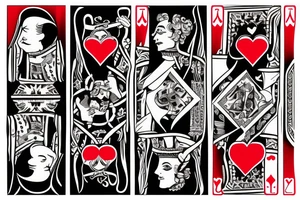 King of clubs coming out of the card with the queen of hearts and the queen of hearts coming out of the card and  handing up a Diamond and a heart to the king of clubs I mentioned earlier. tattoo idea