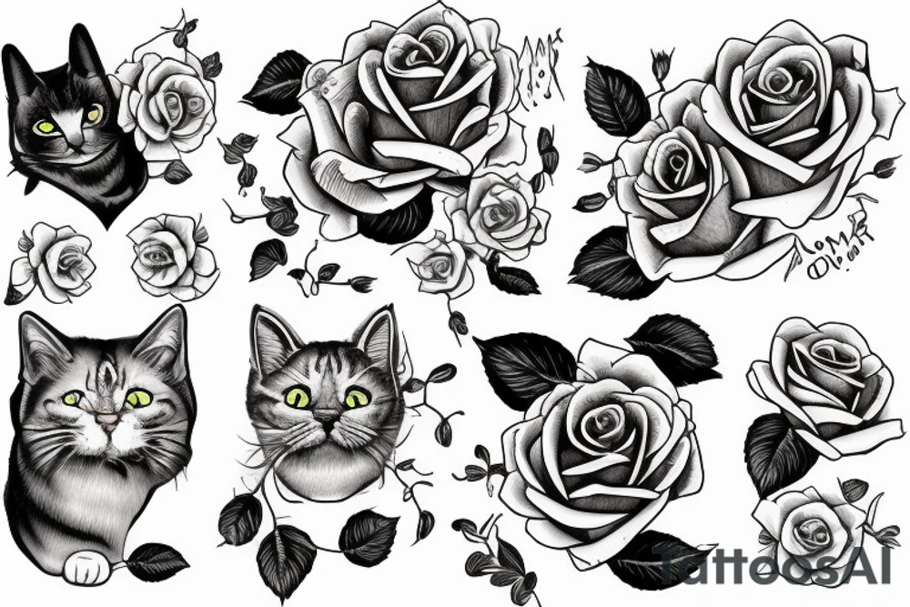 cat and rose tattoo idea
