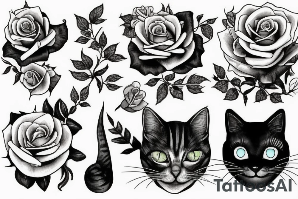 cat and rose tattoo idea