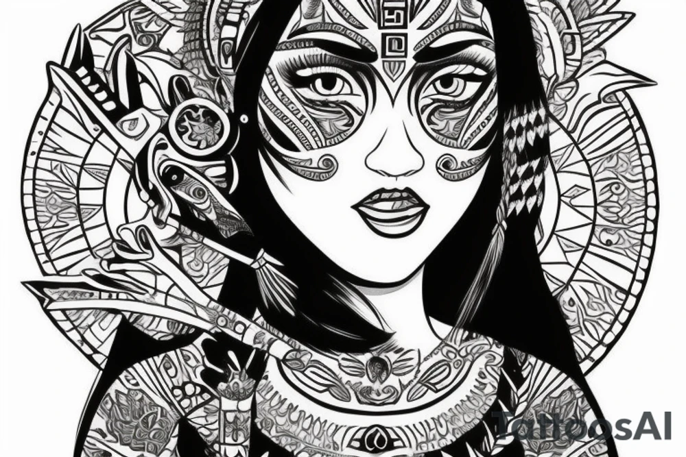 Aztec princess detailed portrait with beautiful eyes tattoo idea