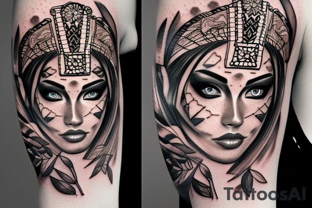 Aztec princess detailed portrait with beautiful eyes tattoo idea