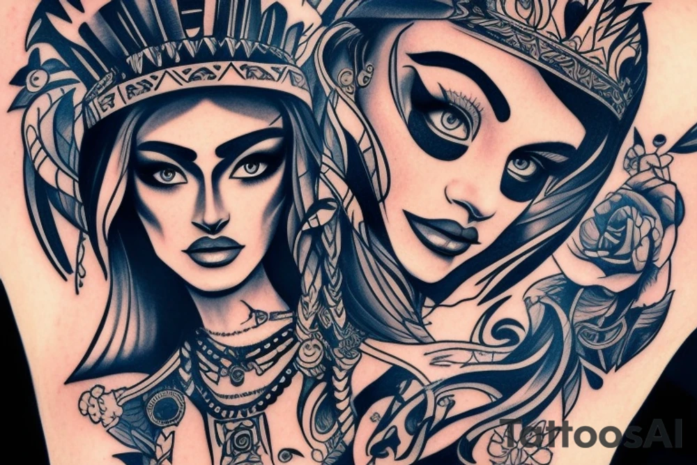 Aztec princess full face portrait with blue eyes detailed tattoo idea