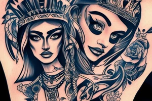 Aztec princess full face portrait with blue eyes detailed tattoo idea