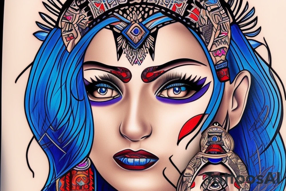 Aztec princess full face portrait with blue eyes detailed tattoo idea