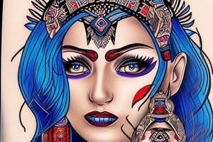 Aztec princess full face portrait with blue eyes detailed tattoo idea