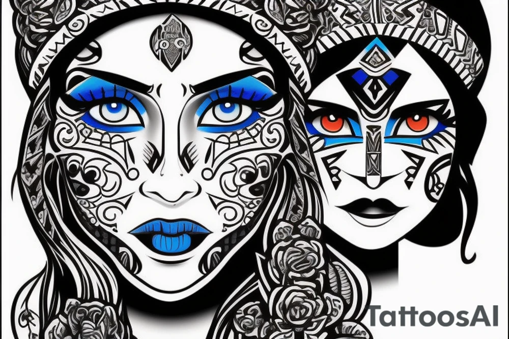 Aztec princess full face portrait with blue eyes detailed tattoo idea