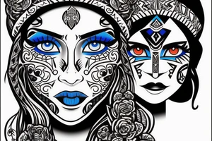 Aztec princess full face portrait with blue eyes detailed tattoo idea