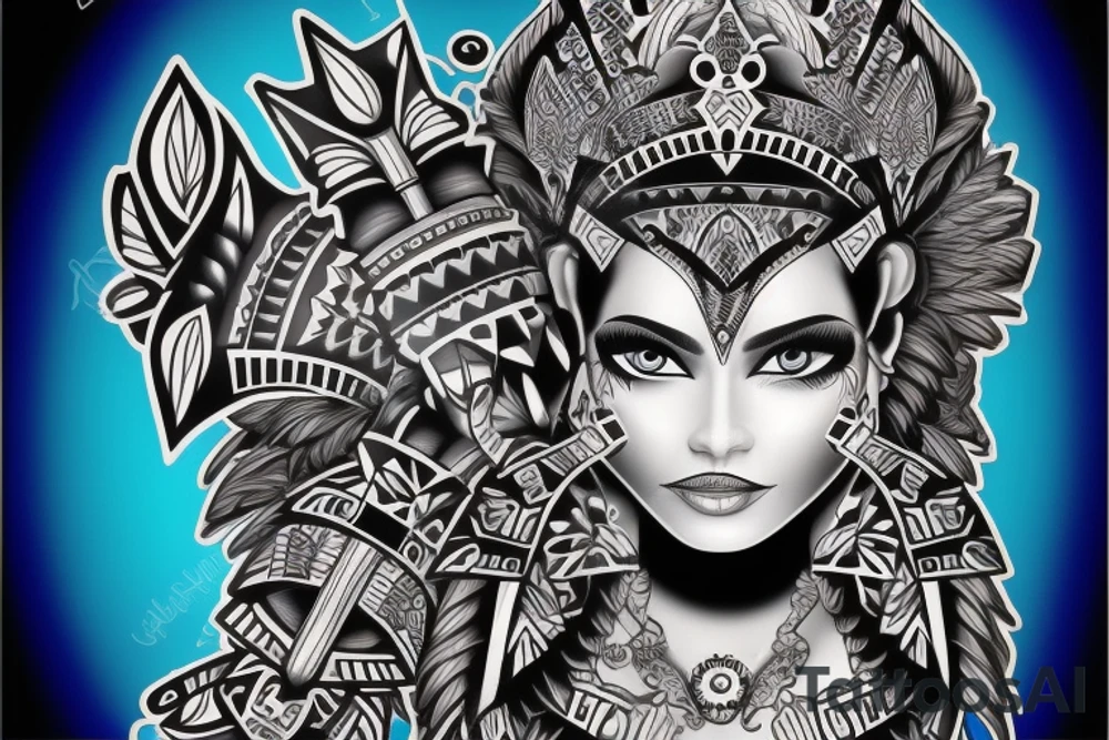 Aztec princess full face portrait with blue eyes detailed tattoo idea