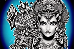 Aztec princess full face portrait with blue eyes detailed tattoo idea