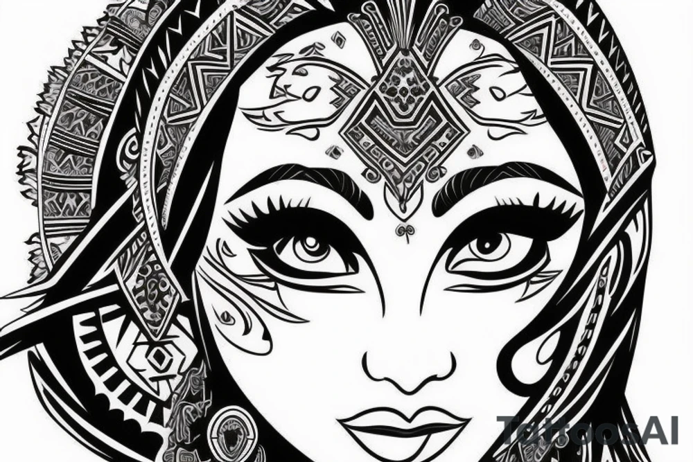 Aztec princess full face portrait with blue eyes detailed tattoo idea