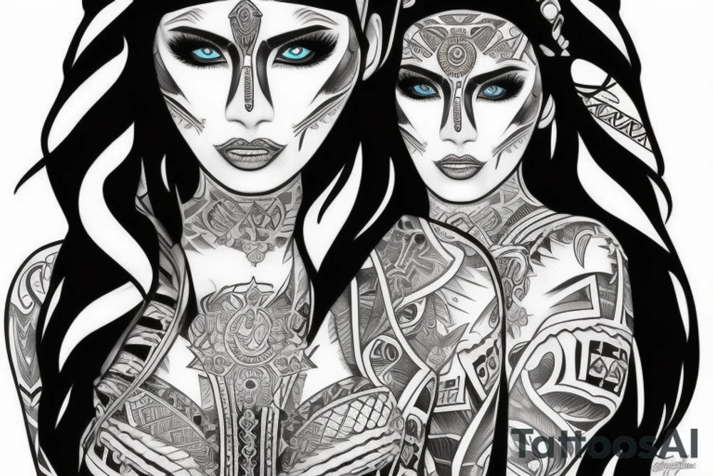 Aztec princess full face portrait with blue eyes detailed tattoo idea