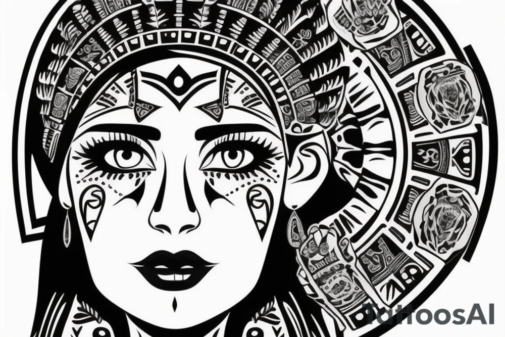 Aztec princess full face portrait with blue eyes detailed tattoo idea
