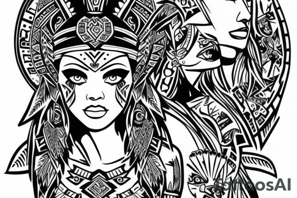 Aztec princess full face portrait with blue eyes detailed tattoo idea