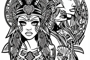 Aztec princess full face portrait with blue eyes detailed tattoo idea