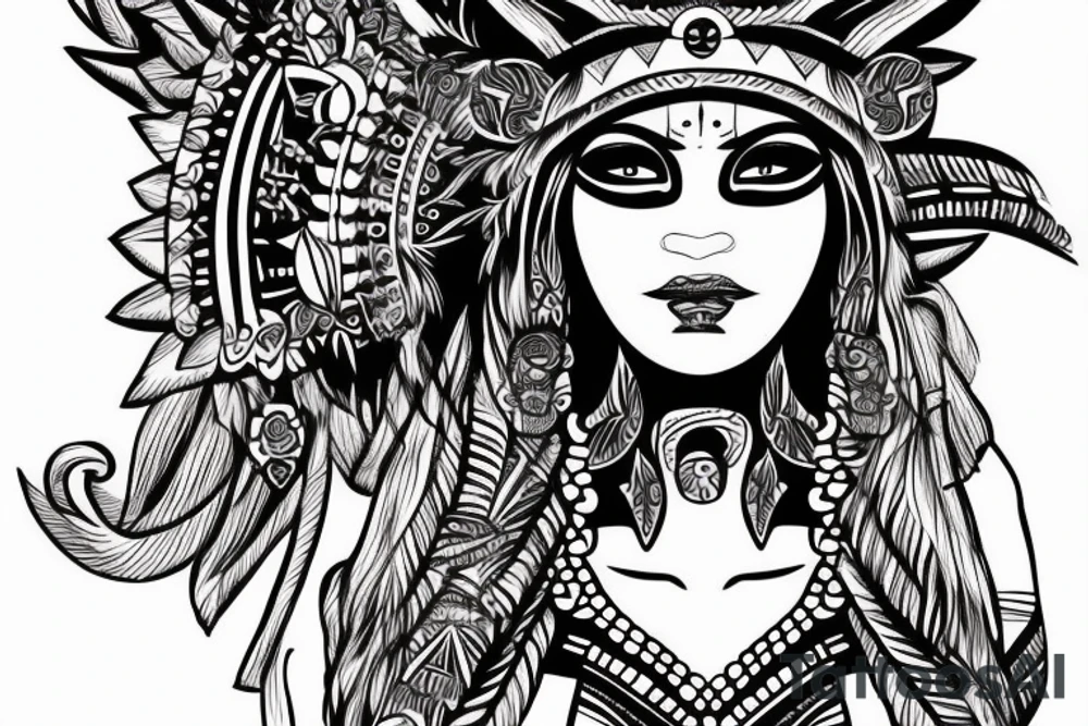 Aztec princess full face portrait with blue eyes detailed hand drawn tattoo idea