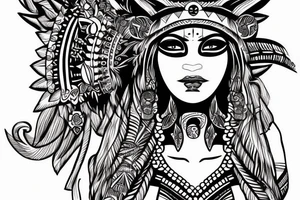 Aztec princess full face portrait with blue eyes detailed hand drawn tattoo idea