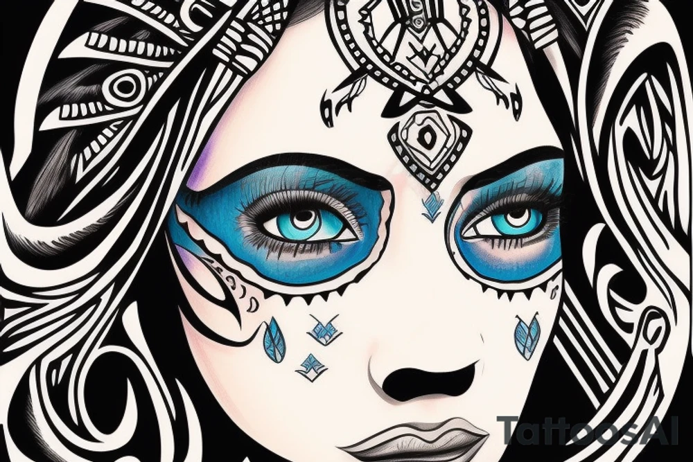 Aztec princess full face portrait with blue eyes detailed hand drawn tattoo idea