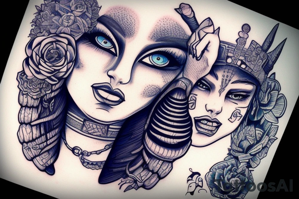 Mayan princess full face portrait with blue eyes detailed hand drawn tattoo idea