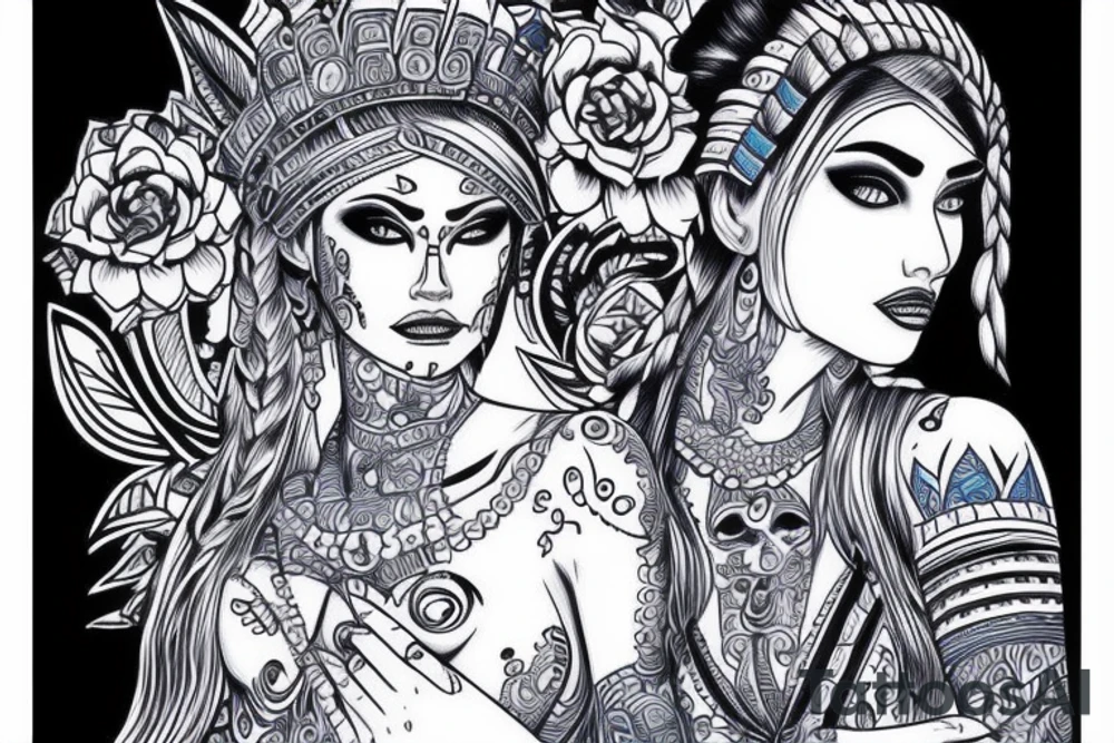 Mayan princess full face portrait with blue eyes detailed hand drawn tattoo idea