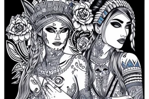 Mayan princess full face portrait with blue eyes detailed hand drawn tattoo idea